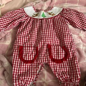 Red Gingham Baby Romper with Christmas Embroidery